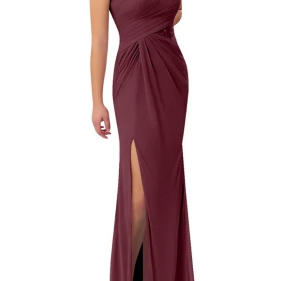 One Shoulder Bridesmaids Dress with Slit David's Bridal Wine Burgundy Lace Side - Picture 3 of 15
